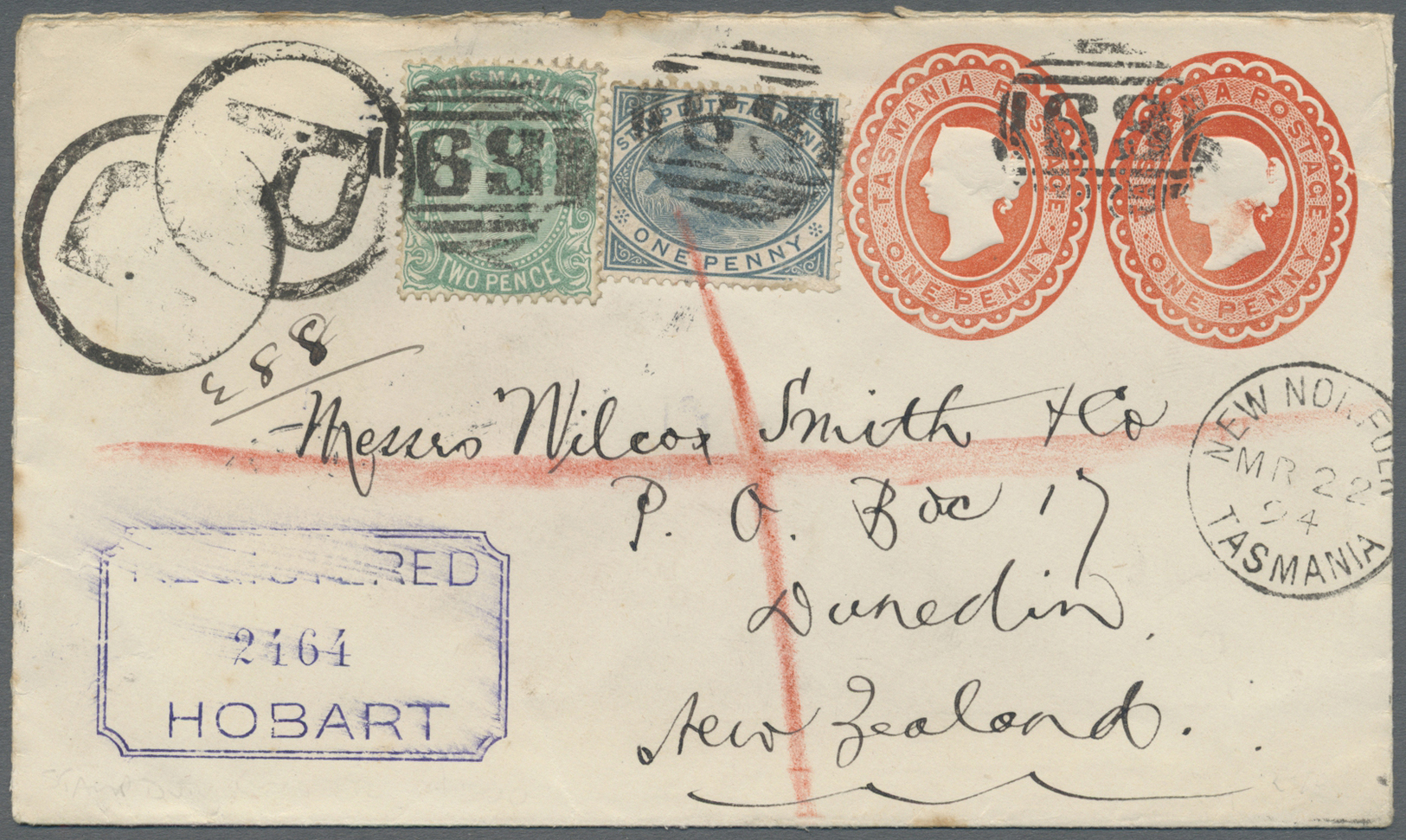 GA Tasmanien - Stempelmarken: 1894 (22.3.), Stat. Envelope With Two Impressions QV 1d. Red Embossed Oval Uprated With QV - Covers & Documents