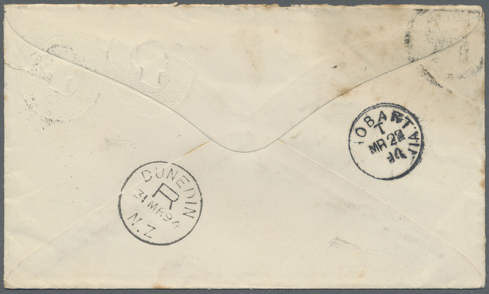 GA Tasmanien - Stempelmarken: 1894 (22.3.), Stat. Envelope With Two Impressions QV 1d. Red Embossed Oval Uprated With QV - Covers & Documents