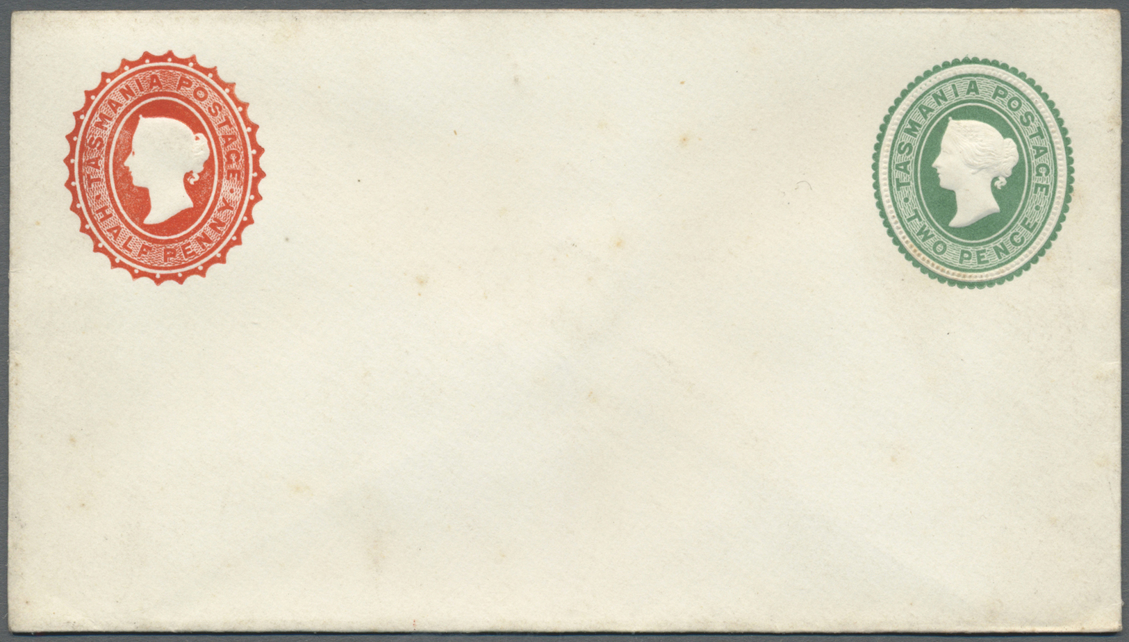 GA Tasmanien - Ganzsachen: 1883, Stat. Envelope QV 2d. Green Embossed Oval Five Items With Post Office Band Inscribed 'T - Covers & Documents