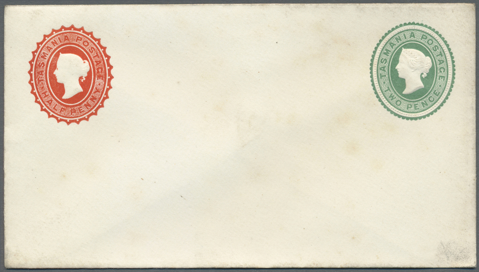 GA Tasmanien - Ganzsachen: 1883, Stat. Envelope QV 2d. Green Embossed Oval Five Items With Post Office Band Inscribed 'T - Covers & Documents