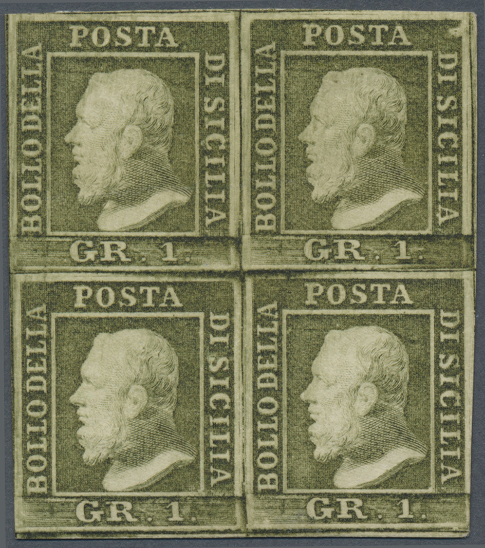 * Italien - Altitalienische Staaten: Sizilien: 1859, 1gr. Olive-green, Block Of Four, Fresh Colour, Close To Ful - Sicily