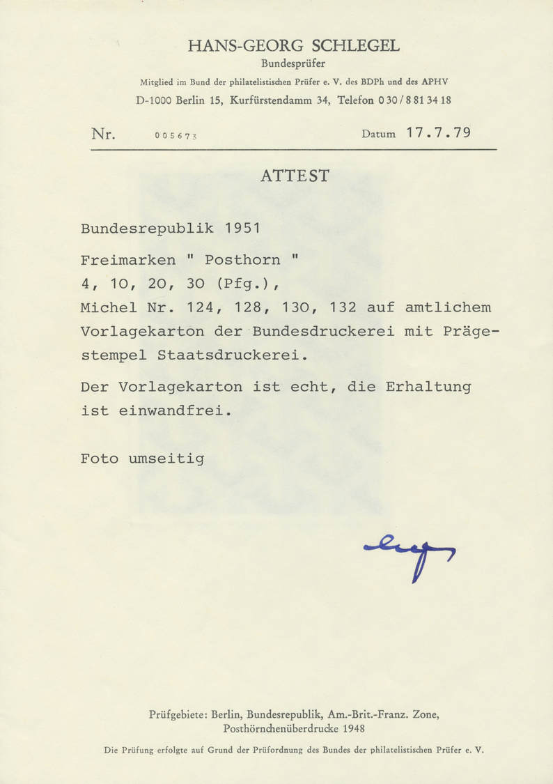 (*) Bundesrepublik Deutschland: 1951, 4, 10, 20 Und 30 Pf. Posthorn Auf Schwarzem Ankündigungskarton (Fo - Other & Unclassified
