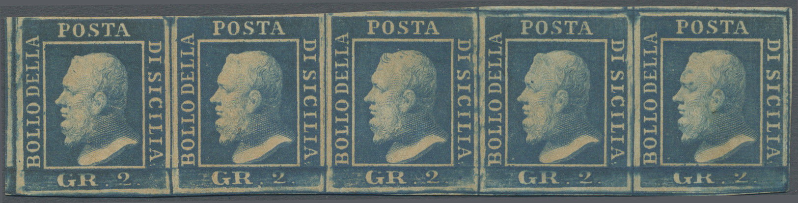 * Italien - Altitalienische Staaten: Sizilien: 1859: 2 Gr Dark Cobalt, Naples Paper, Plate I, Vertical Strip Of - Sicile