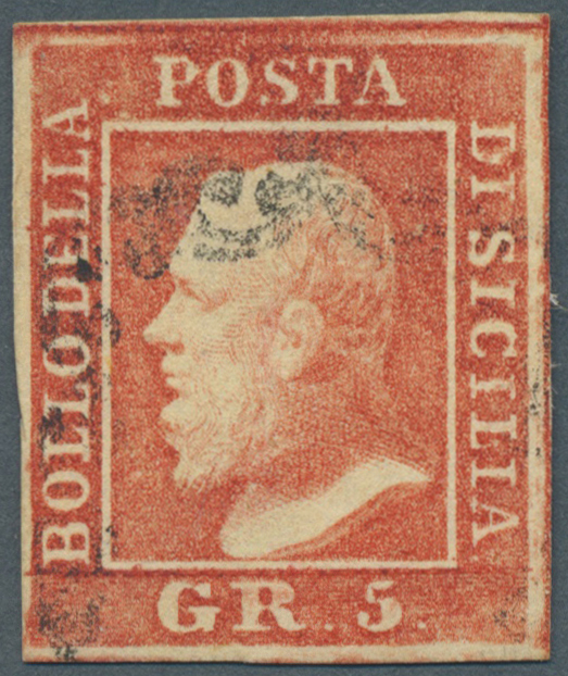 O Italien - Altitalienische Staaten: Sizilien: 1859, 5 Grana (first Plate) "ROSA VERMIGLIO", A Very Fine Used Ex - Sicilia