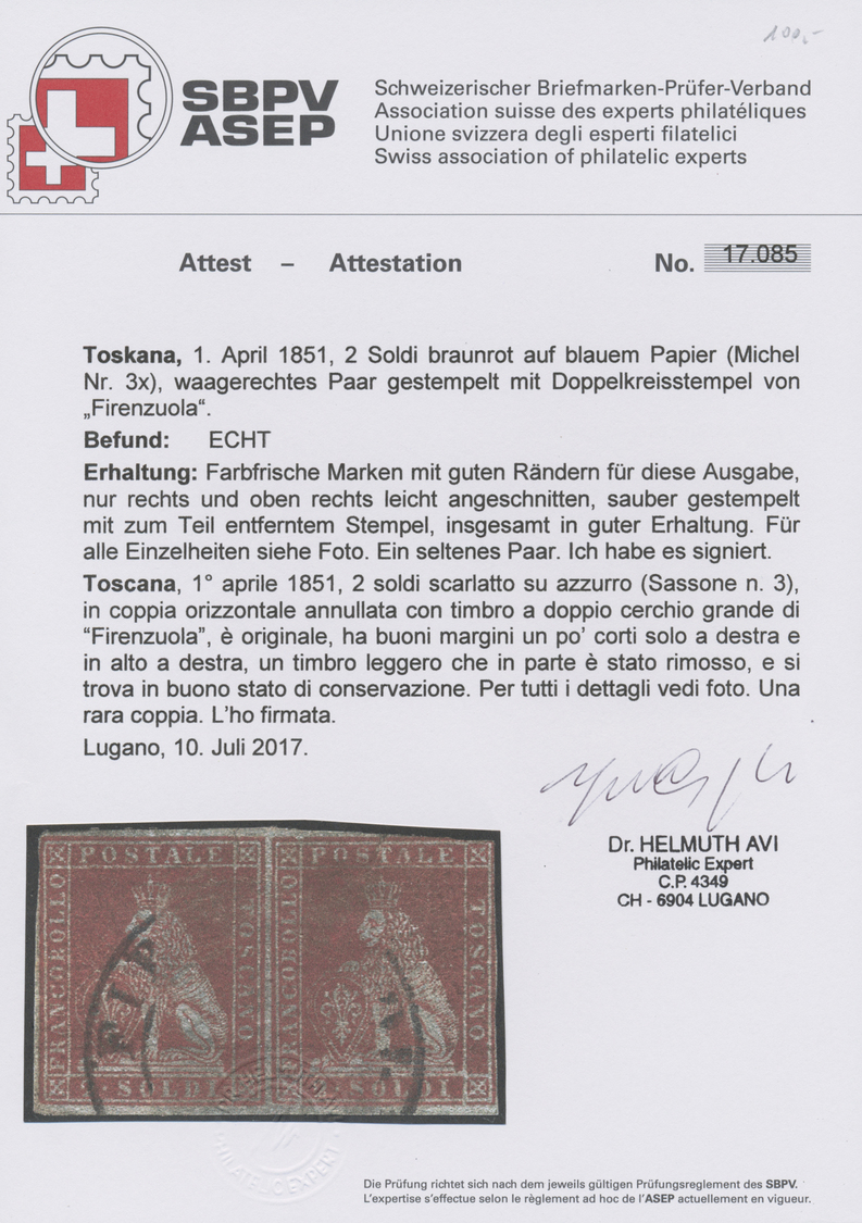 O Italien - Altitalienische Staaten: Toscana: 1851, 2so. Red On Bluish Paper, Horiz. Pair, Fresh Colour, Partly - Toscane