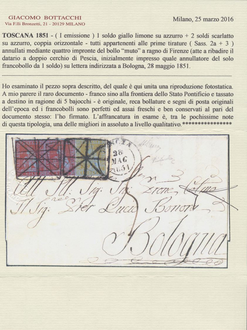 Br Italien - Altitalienische Staaten: Toscana: 1851: 1s Lemon Yellow And 2s Scarlet, Horizontal Pair, Both On Blu - Tuscany