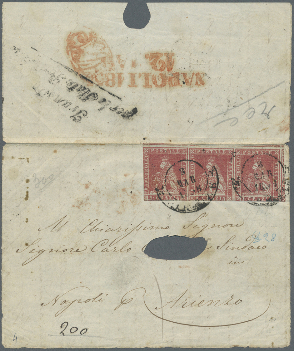 Br/Brrst Italien - Altitalienische Staaten: Toscana: 1851 (1855): 1 Crazia Red, Vertical Strip Of Three, Margins At Lef - Toscane