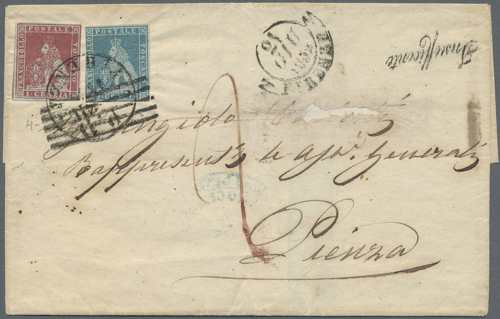 Br Italien - Altitalienische Staaten: Toscana: 1853, 1cr. Carmine Red And 2cr. Dull Blue On Folded Envelope Tied - Toscane