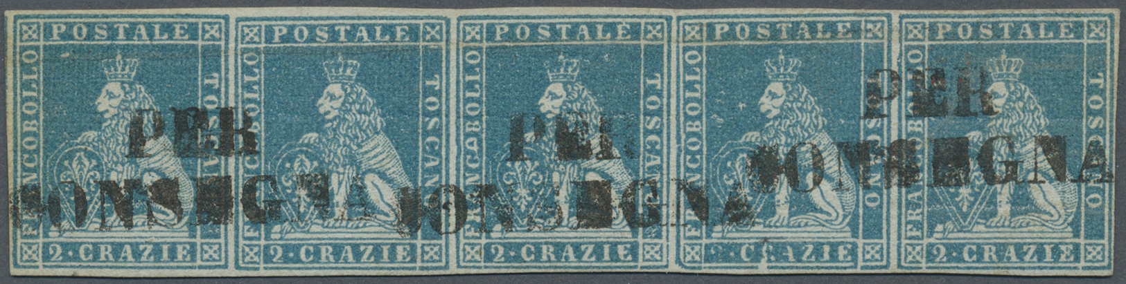 O Italien - Altitalienische Staaten: Toscana: 1853, 2cr. Blue, Horiz. Strip Of Five, Fresh Colour, Full Margins, - Toscane