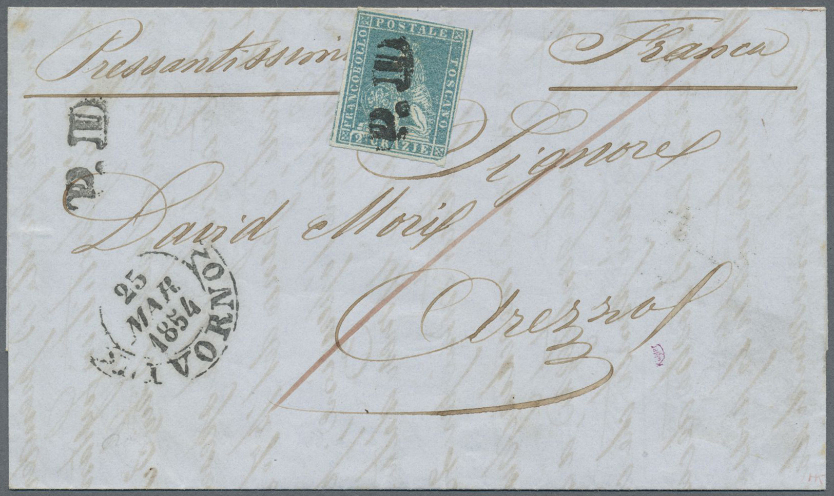 Br Italien - Altitalienische Staaten: Toscana: 1854. Letter , M/s Endored "Pressantissimi" And "Franca" With 2 Cr - Tuscany