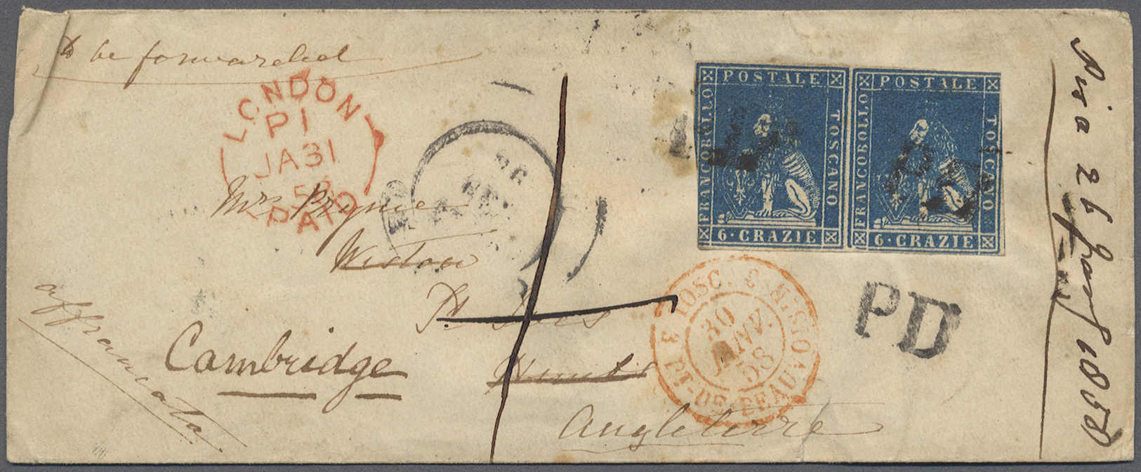 Br Italien - Altitalienische Staaten: Toscana: 1858. Envelope Addressed To England Bearing Tuscany Yvert 7, 6g Bl - Toscane