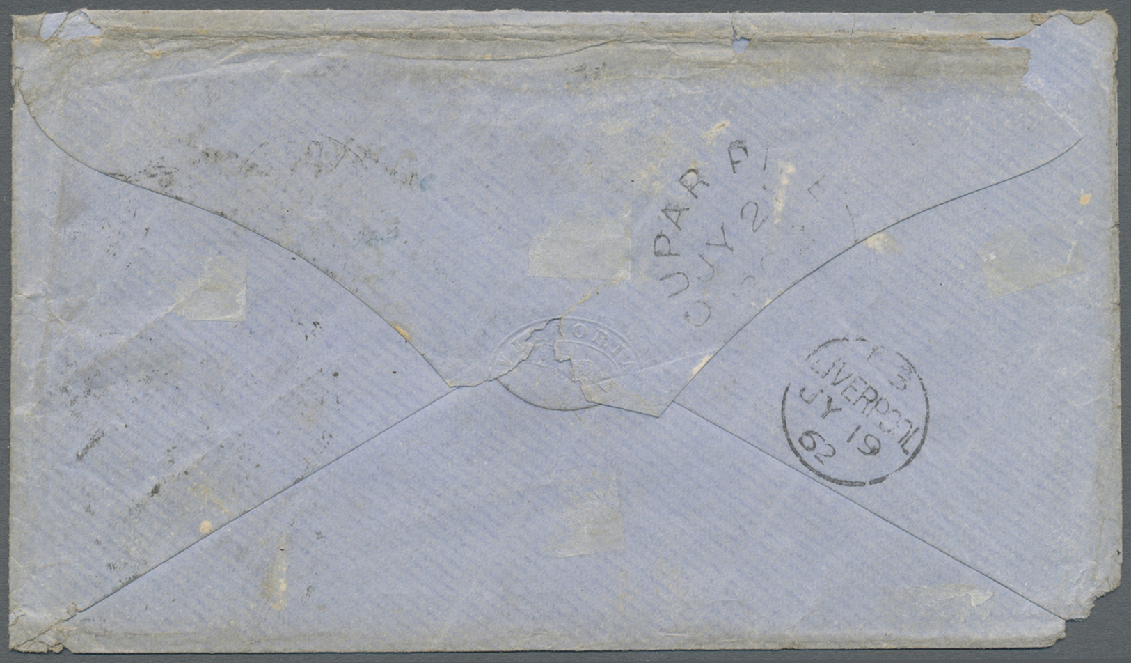 Br Victoria: 1862, 1 Sh Blue Single Franking On Cover From "MELBOURNE" Via Liverpool To Scotland, Envelope With Defects - Storia Postale