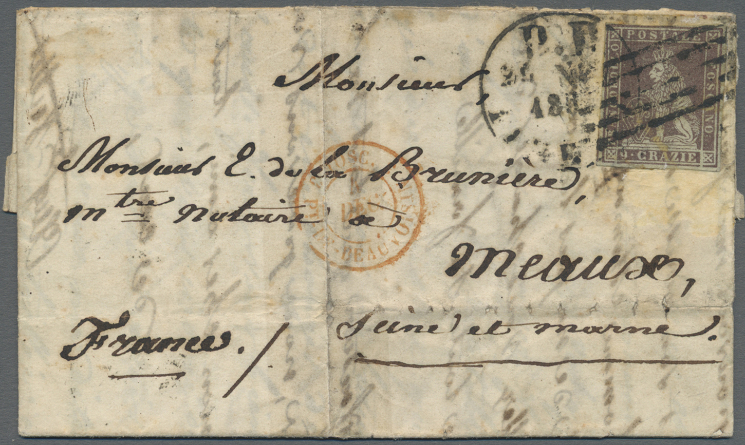 Br Italien - Altitalienische Staaten: Toscana: 1863. Envelope To France Bearing Yvert 8, 9c Brown/lilac Tied By B - Toscane