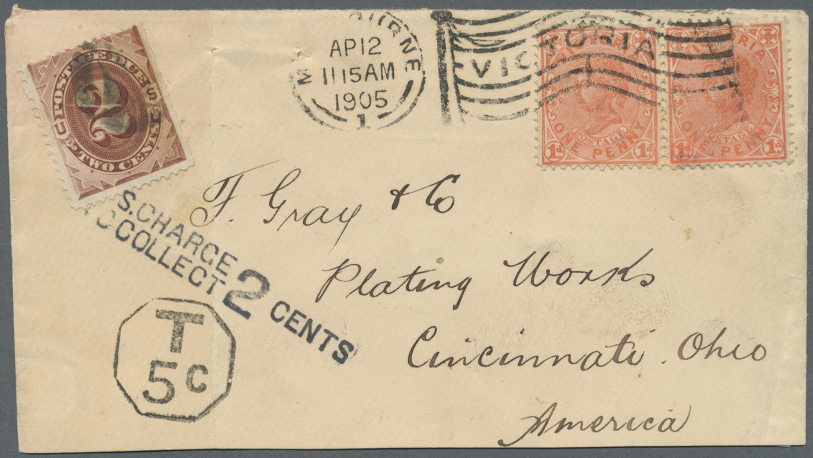 Br Victoria: 1905. Envelope Addressed (bend) To The United States Bearing Victoria SG 385, 1d Rose (2) Tied By Melbourne - Covers & Documents