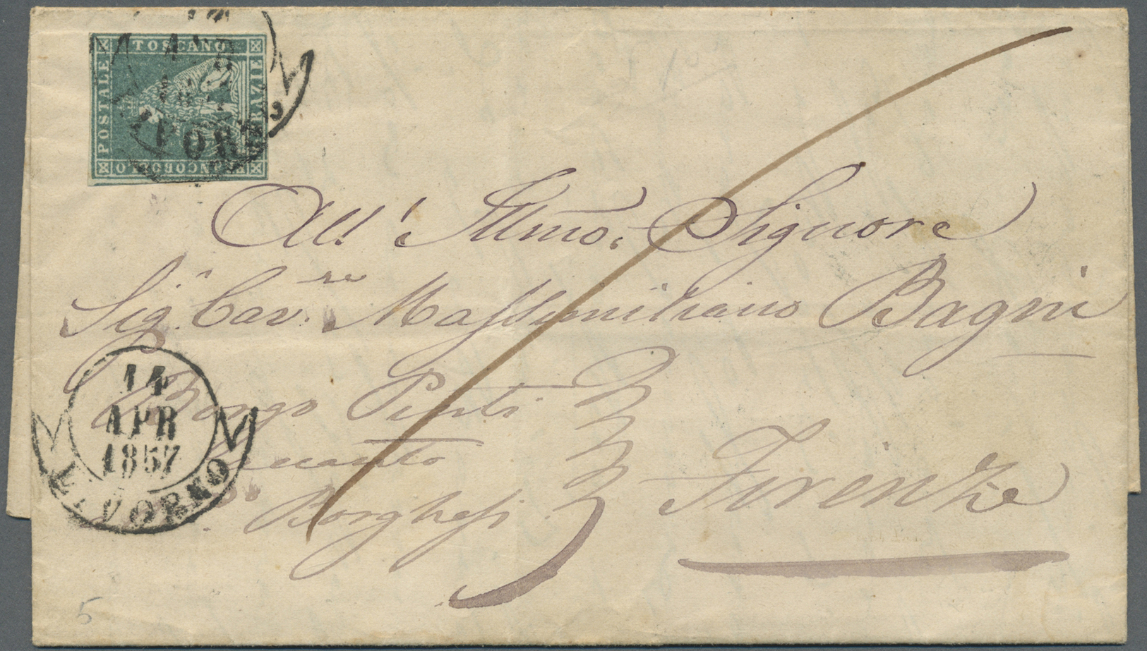 Br Italien - Altitalienische Staaten: Toscana: 1857: 2 Crazie Greenish Blue, Slightly Touched At Bottom And Left, - Toscane