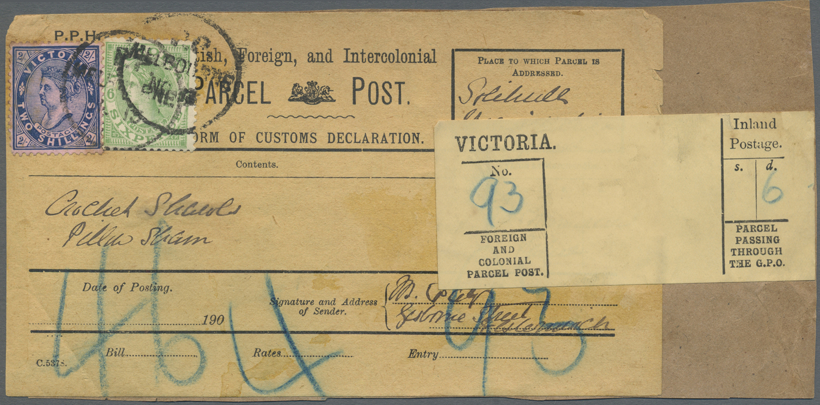 Br/Brrst Victoria: 1905 (ca.), Paketadresse "Form Of Customs Declaration" (leichte Spuren, Flecken) Mit 2/- Blau Auf Ros - Covers & Documents
