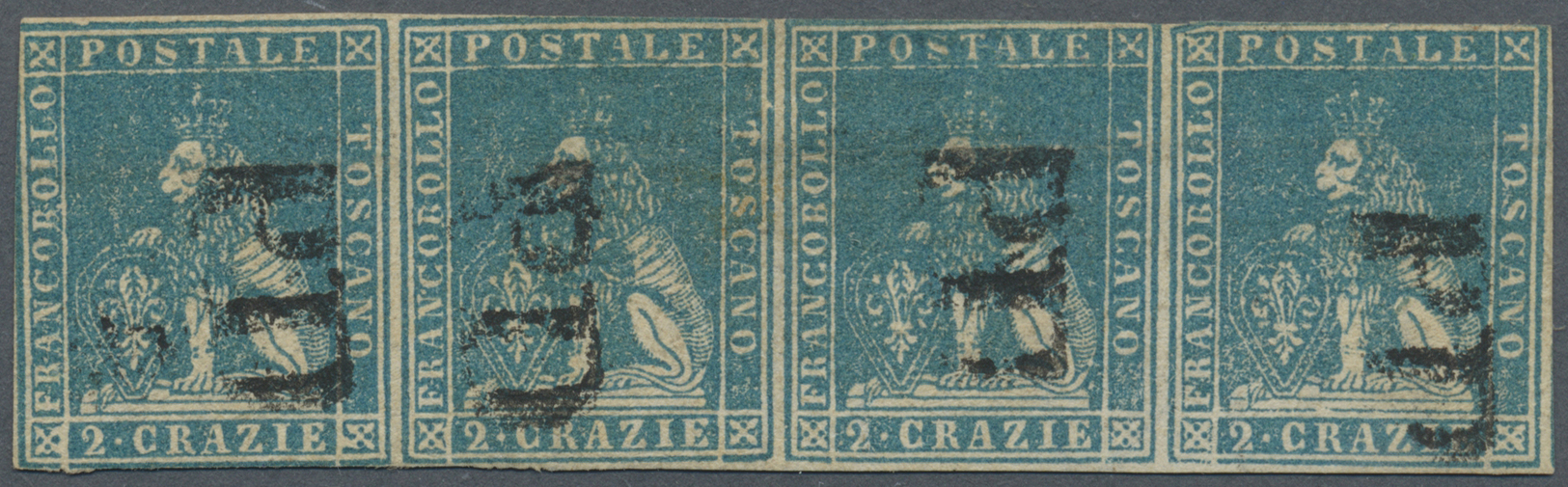 O Italien - Altitalienische Staaten: Toscana: 1857. Lion 2cr Green-blue In A Horizontal Strip Of 4, Sheet Waterm - Tuscany