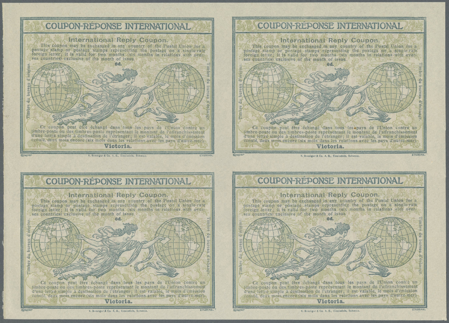 GA Victoria: Design "Madrid" 1920 International Reply Coupon As Block Of Four 6 D Victoria. Backside With Red Overprint  - Covers & Documents