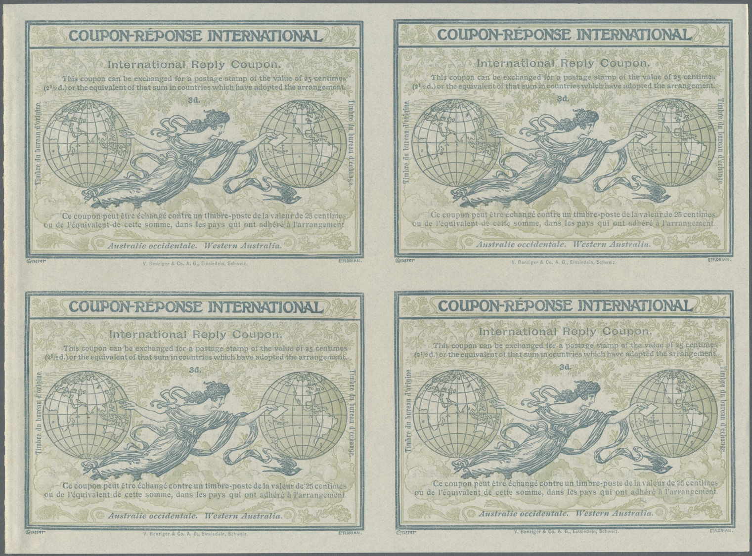 GA Westaustralien: Design 1906 International Reply Coupon As Block Of Four 3 D Western Australia. This Block Of Internat - Covers & Documents