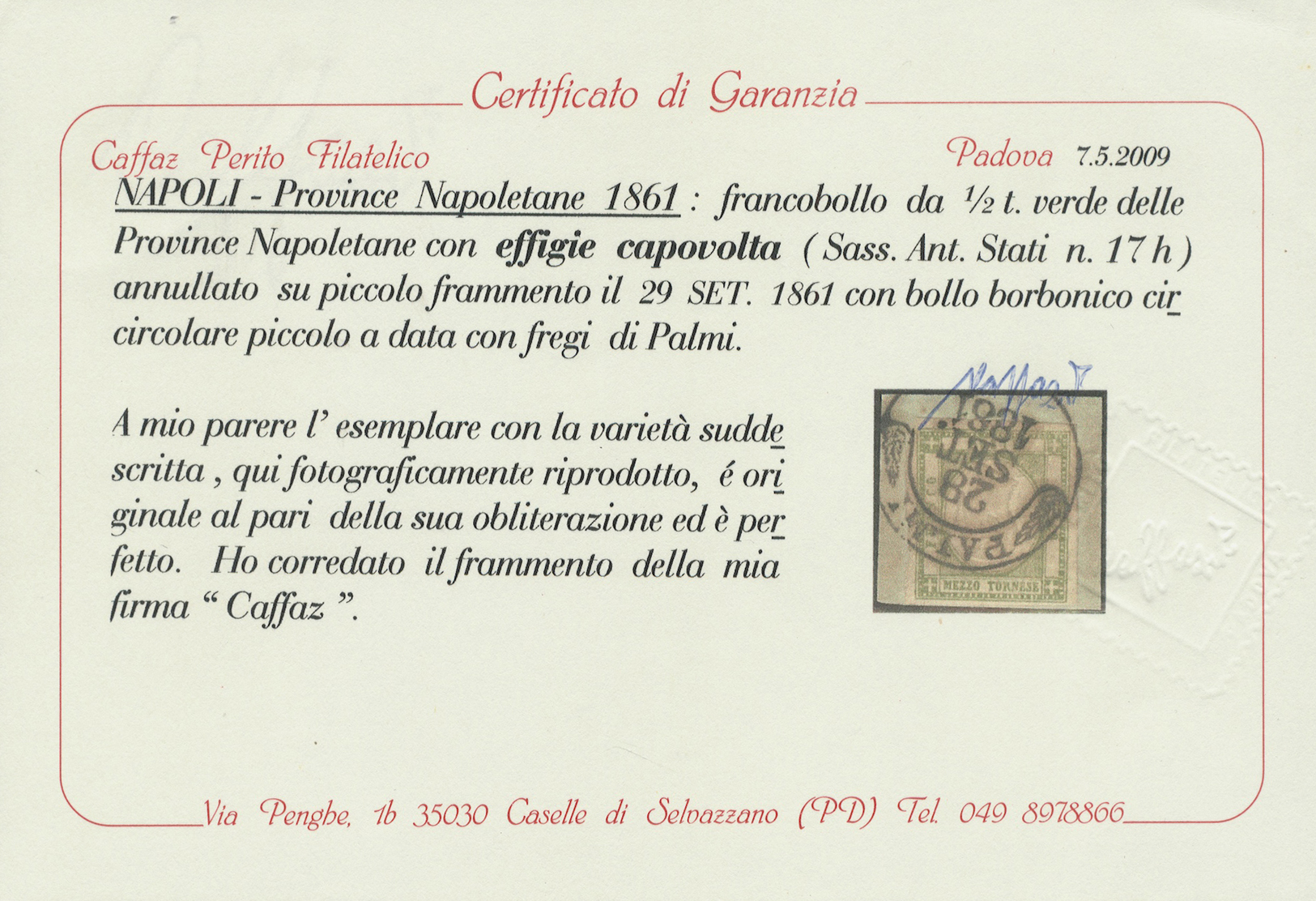 Brrst Italien: 1861, Neapolitan Provinces ½ Tor Green, Showing Inverted Effigy And Used On Small Piece, Tied By A Ni - Marcophilie