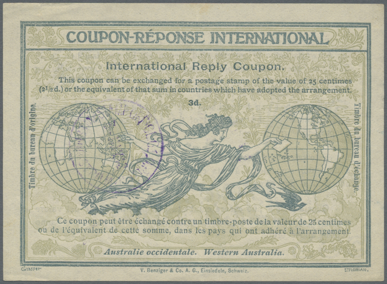 GA Westaustralien: 1907, International Reply Coupon / IAS "3 D." From Western Australia Muster ROM With Blue Cds "STAMP  - Covers & Documents