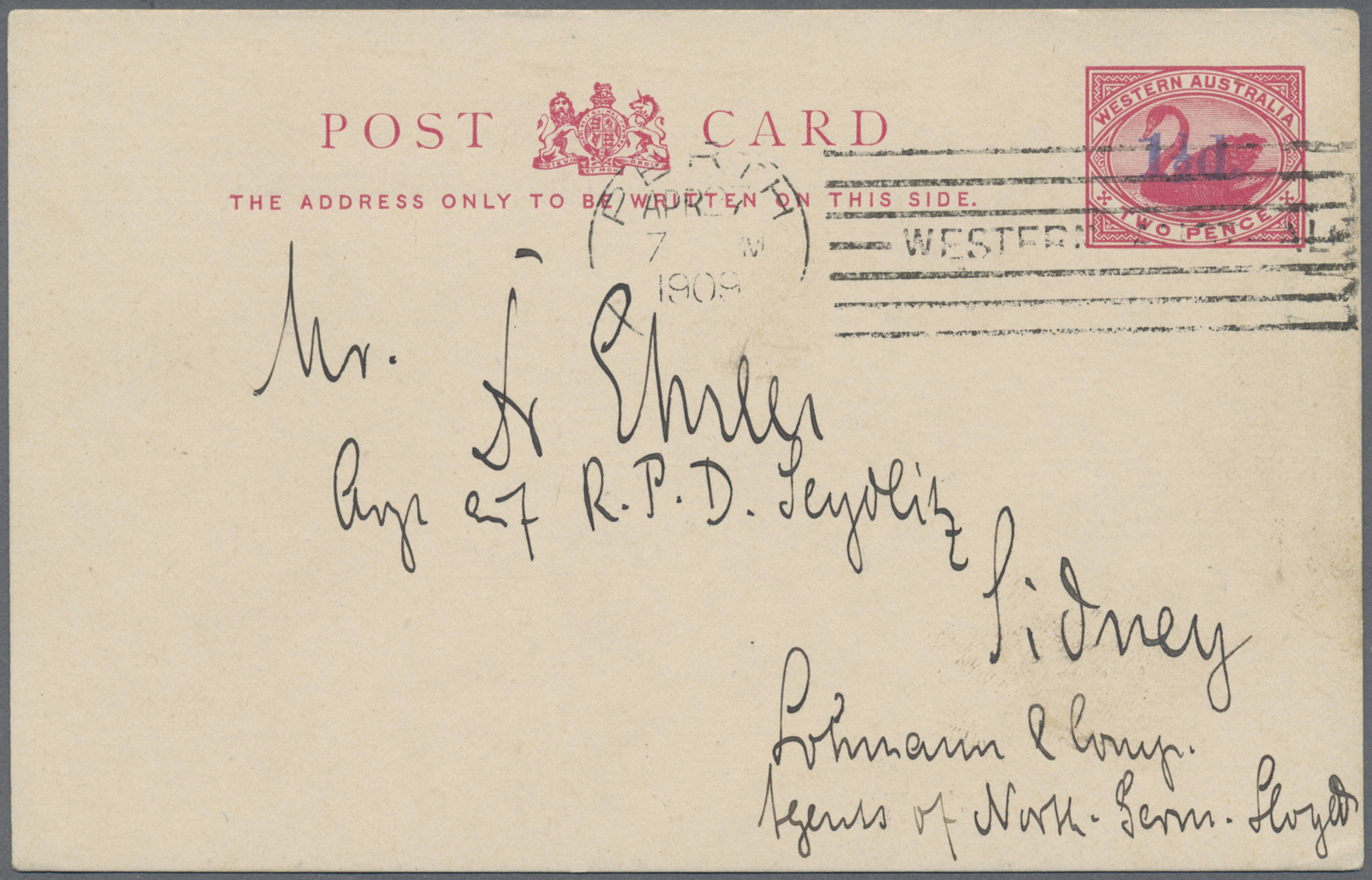 GA Westaustralien: 1909 (27.4.), Stat. Postcard Swan 2d. Carmine Surch. 1½d. In Violet Used From PERTH To Sydney, Scarce - Covers & Documents