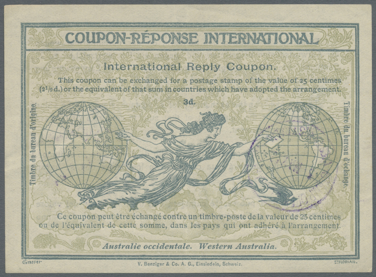 GA Westaustralien: 1910 (ca.), International Reply Coupon ROME (type RO 2) 3d. With Indistinct Violet Pmk. Used On Excha - Covers & Documents