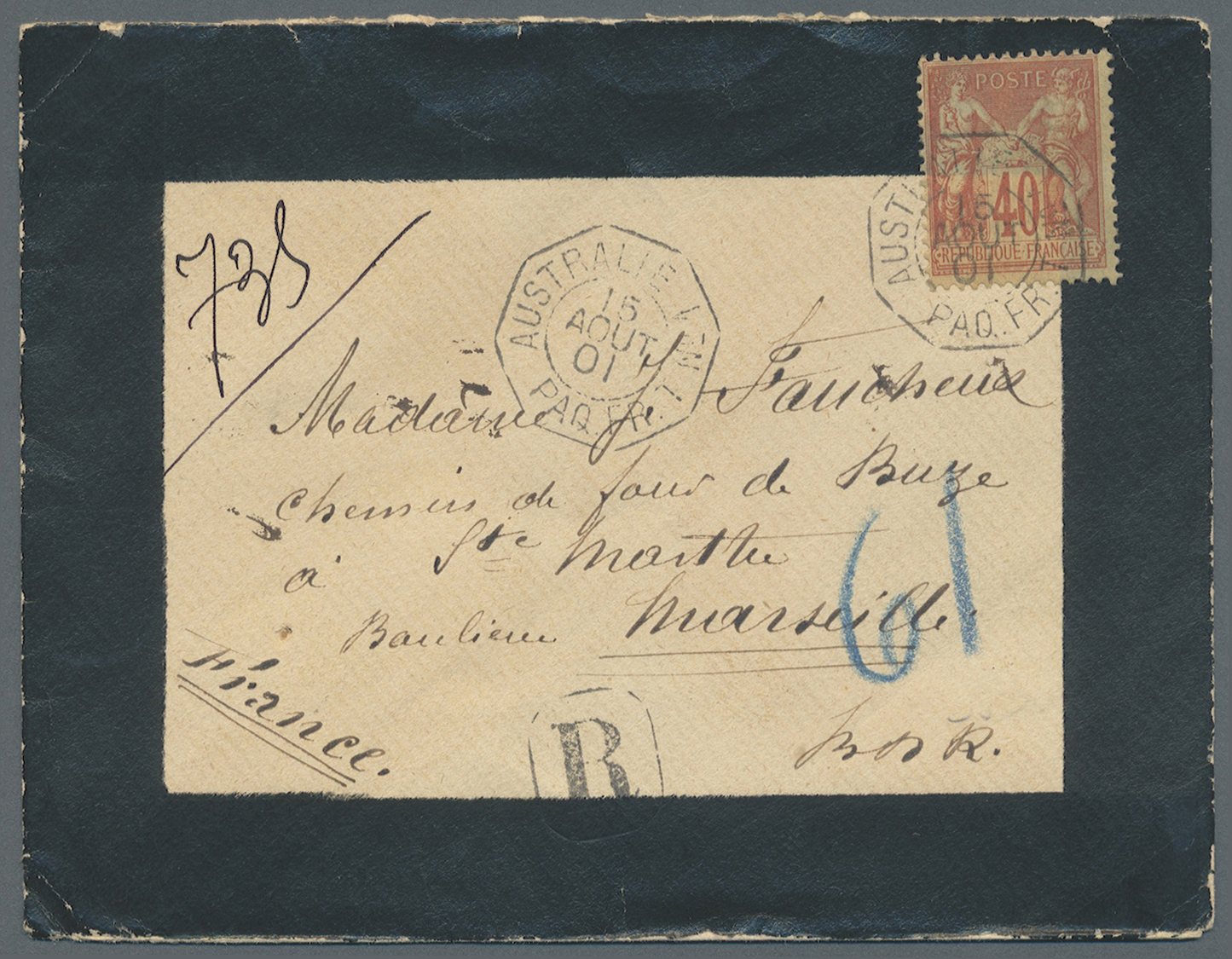 Br Australien: 1901. Registered Mourning Envelope To Marseille Bearing France Type Sage Yvert 94, 40c Orange Tied By Oct - Autres & Non Classés