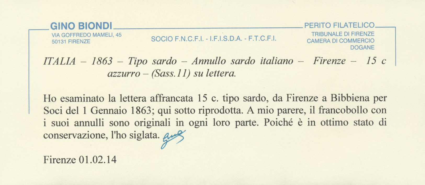 Br/ Italien: 1863, 15 C Blue "Tipo Sardo", Single Franking On Folded Letter Cover From FIRENZE, 1 GEN 1863, To Bib - Marcophilia