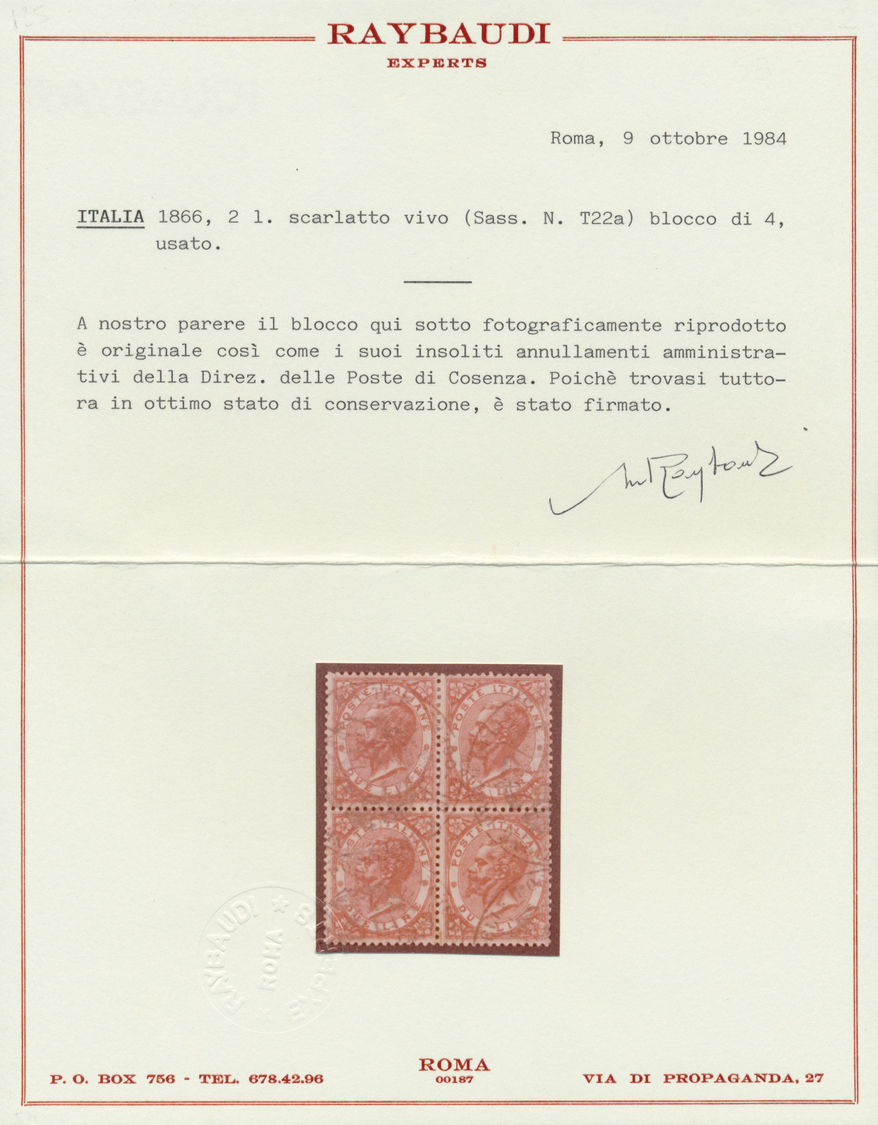 O Italien: 1863, 2l. Orange, BLOCK OF FOUR Oblit. By COSENZA Post Office Seal, Bright Colour And Well Perforated - Marcophilie
