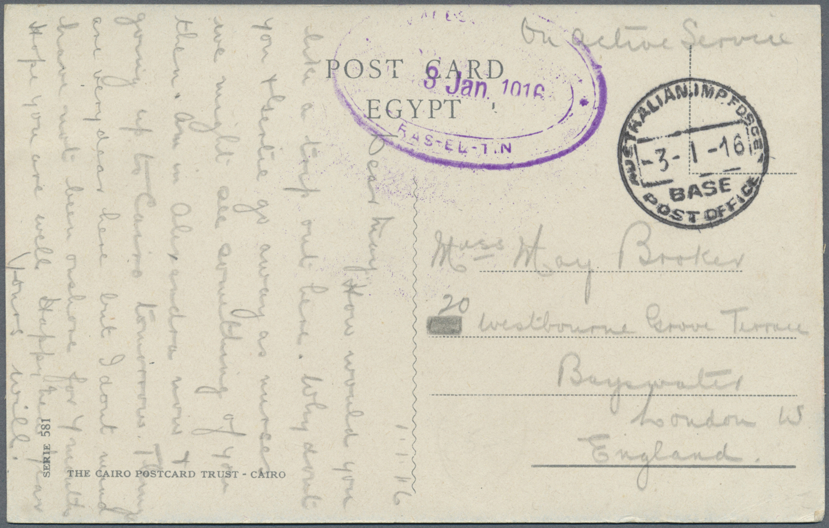 Br Australien: 1916. Stampless Picture Post Card Of 'The Pyramids, Cairo' Written From 'Ras-EI-Tin' Addressed To England - Other & Unclassified