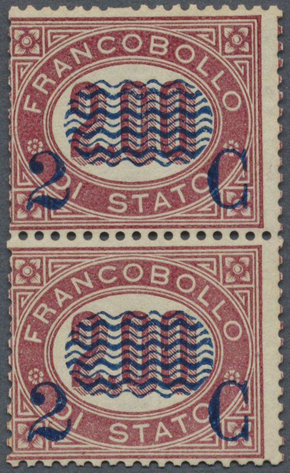* Italien: 1878, Overprinted Issue Vertical Pair 2c./2 L. Violet Red, Mint Hinged, Fine And Fresh, Michel Catalo - Marcophilie