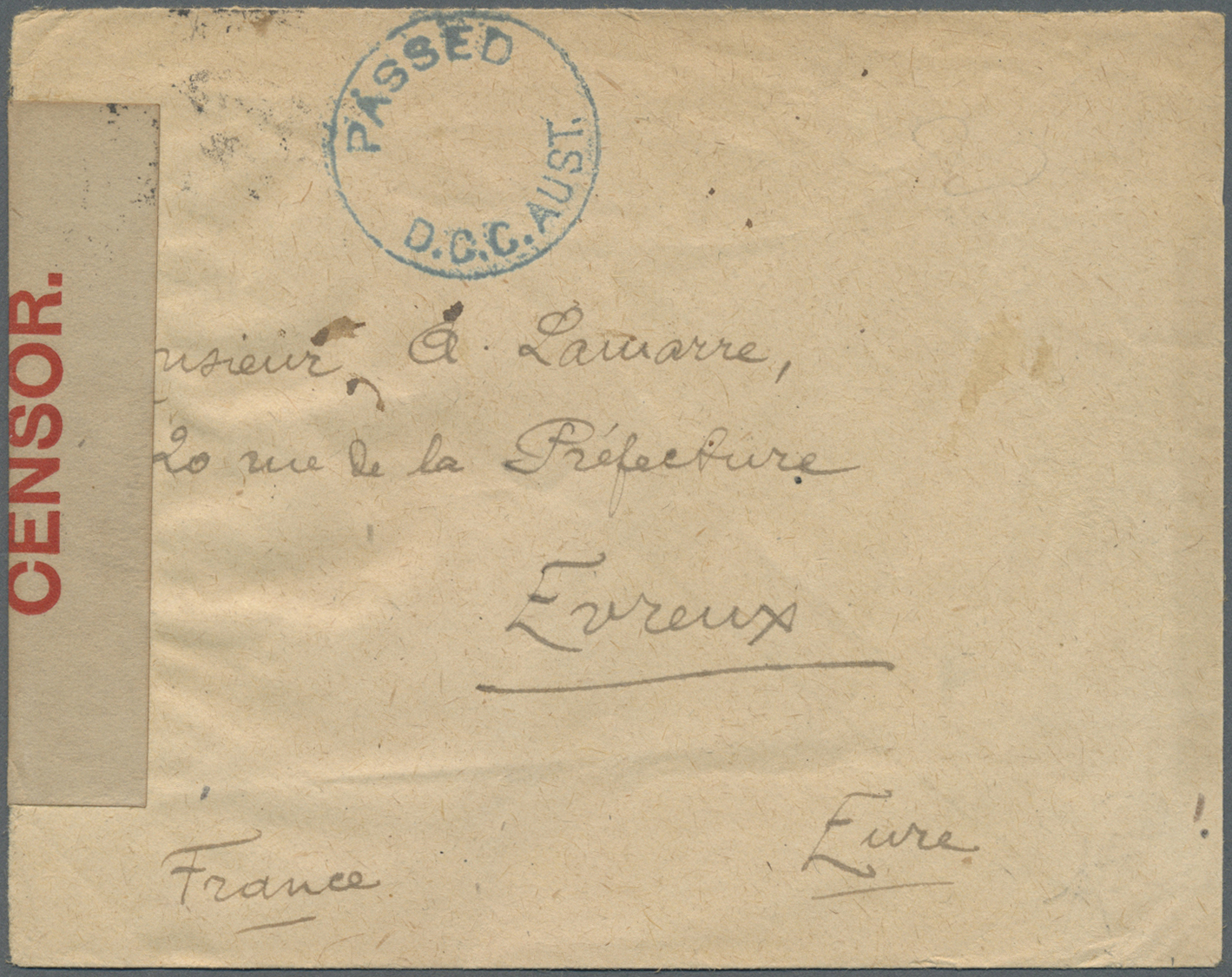 Br Australien: 1918. Stampless Envelope Addressed To France With Circular 'Passed/D.C.C. Aust' In Blue And 'Opened By Ce - Other & Unclassified