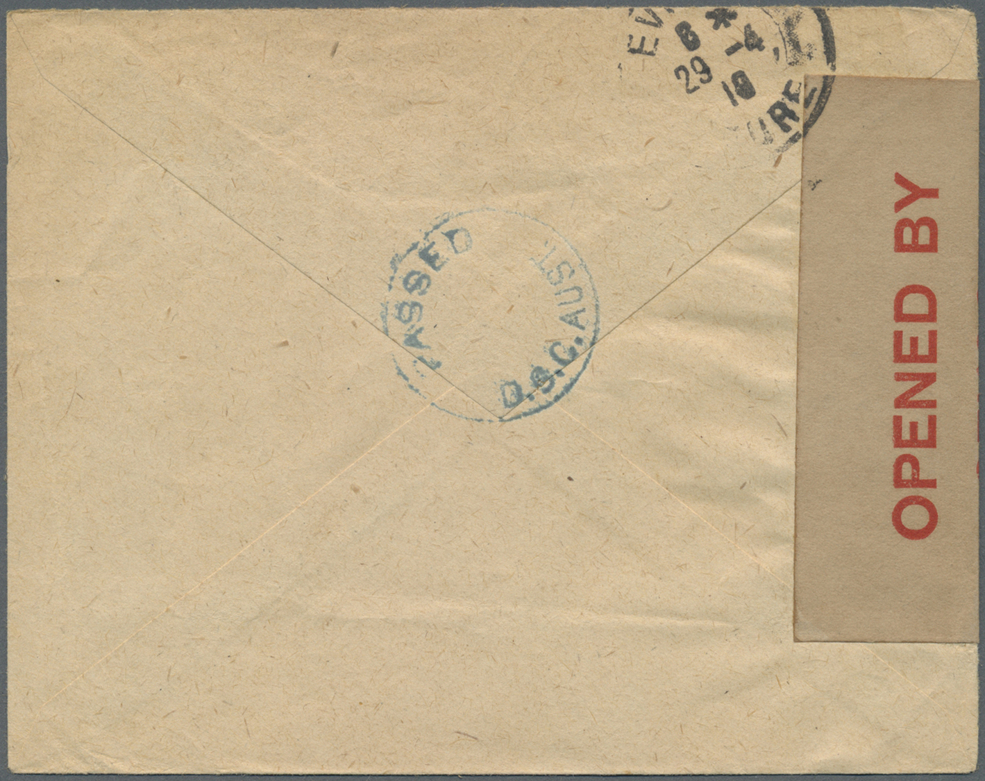 Br Australien: 1918. Stampless Envelope Addressed To France With Circular 'Passed/D.C.C. Aust' In Blue And 'Opened By Ce - Other & Unclassified