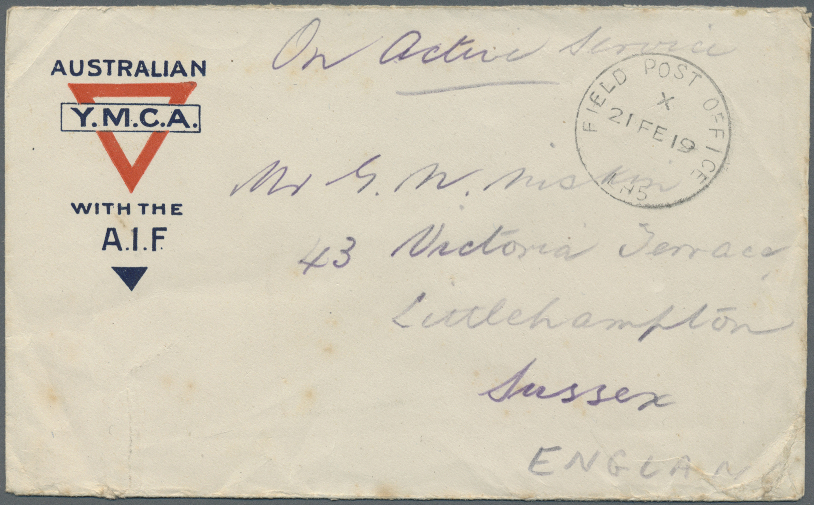 Br Australien: 1919. Stampless Envelope Headed 'Australian/Y.M.C.A./with The/A.I.F.' Addressed To England, Endorsed 'On  - Altri & Non Classificati