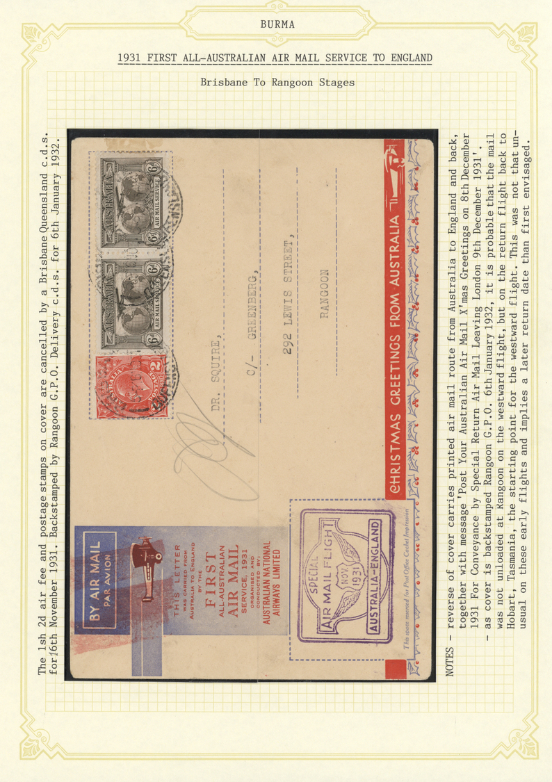 Br Australien: 1931: Two First Flight Covers From Australia To Ragoon/Burma: First Cover With The Brisbane-Rangoon Stage - Other & Unclassified