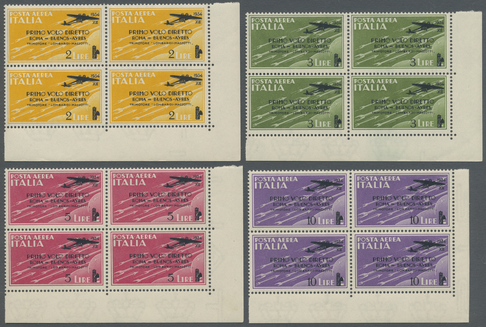 ** Italien: 1934, Air Mail First Flight Issue Roma - Buenos Aires In Blocks Of Four, Mint Never Hinged, Very Fine - Marcophilia