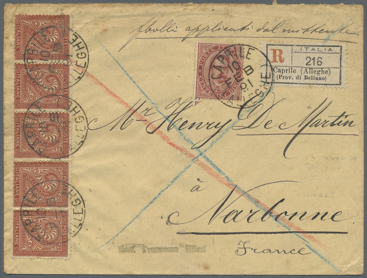 Br Italien: 1891. Registerd Envelope (stains) Addressed To France Bearing Yvert 13, 2c Red-brown (2 Strips Of Fiv - Marcophilie