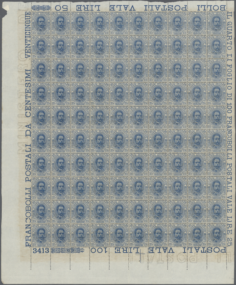 ** Italien: 1895, 25c. Blue, Complete (folded) Pane Of 100 Stamps With Marginal Inscriptions, Unmounted Mint With - Marcophilia