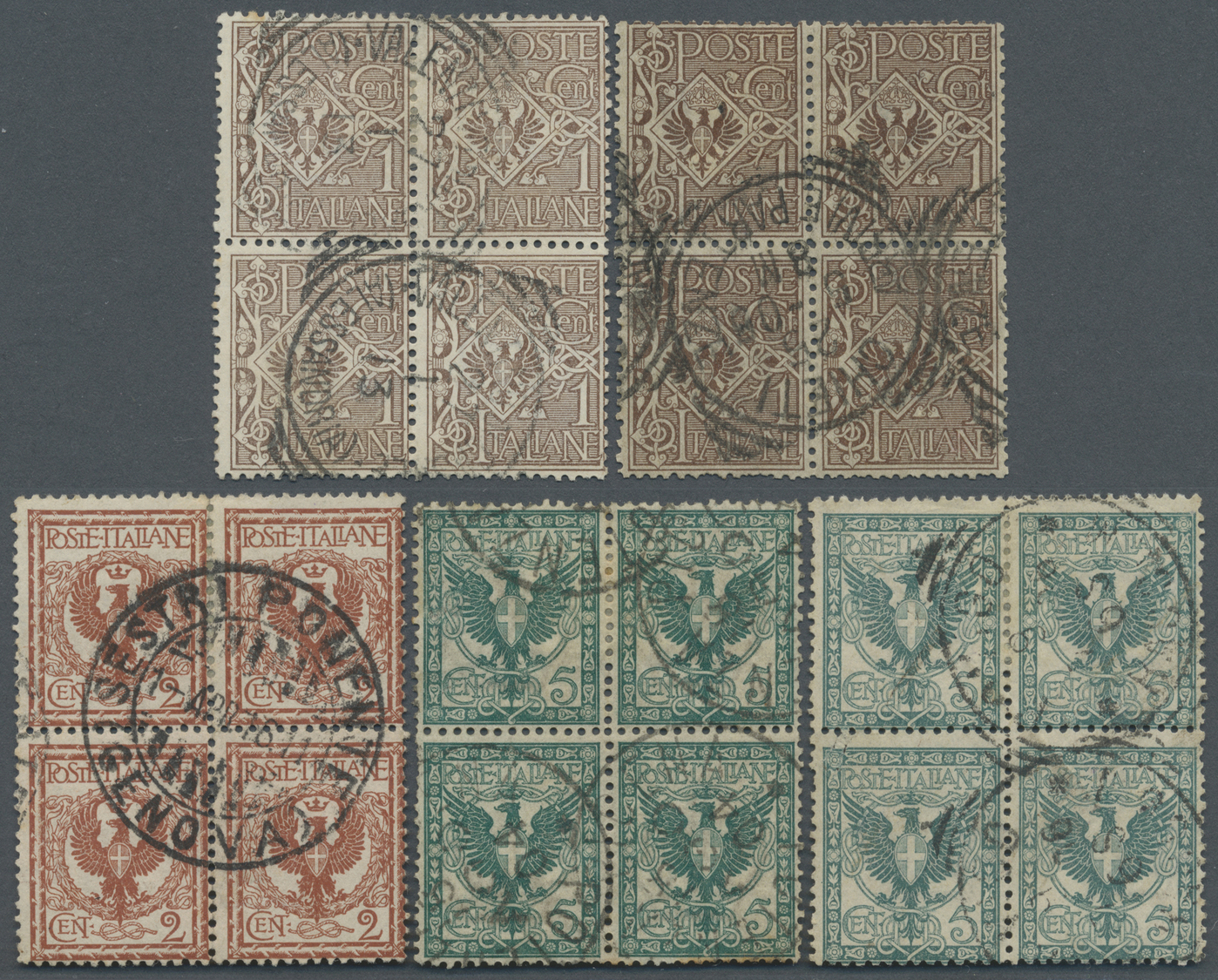 /O Italien: 1901 13 Viererblocks Der "Floreale" Serie (einige Werte Doppelt, Nicht Komplett) - Marcophilia