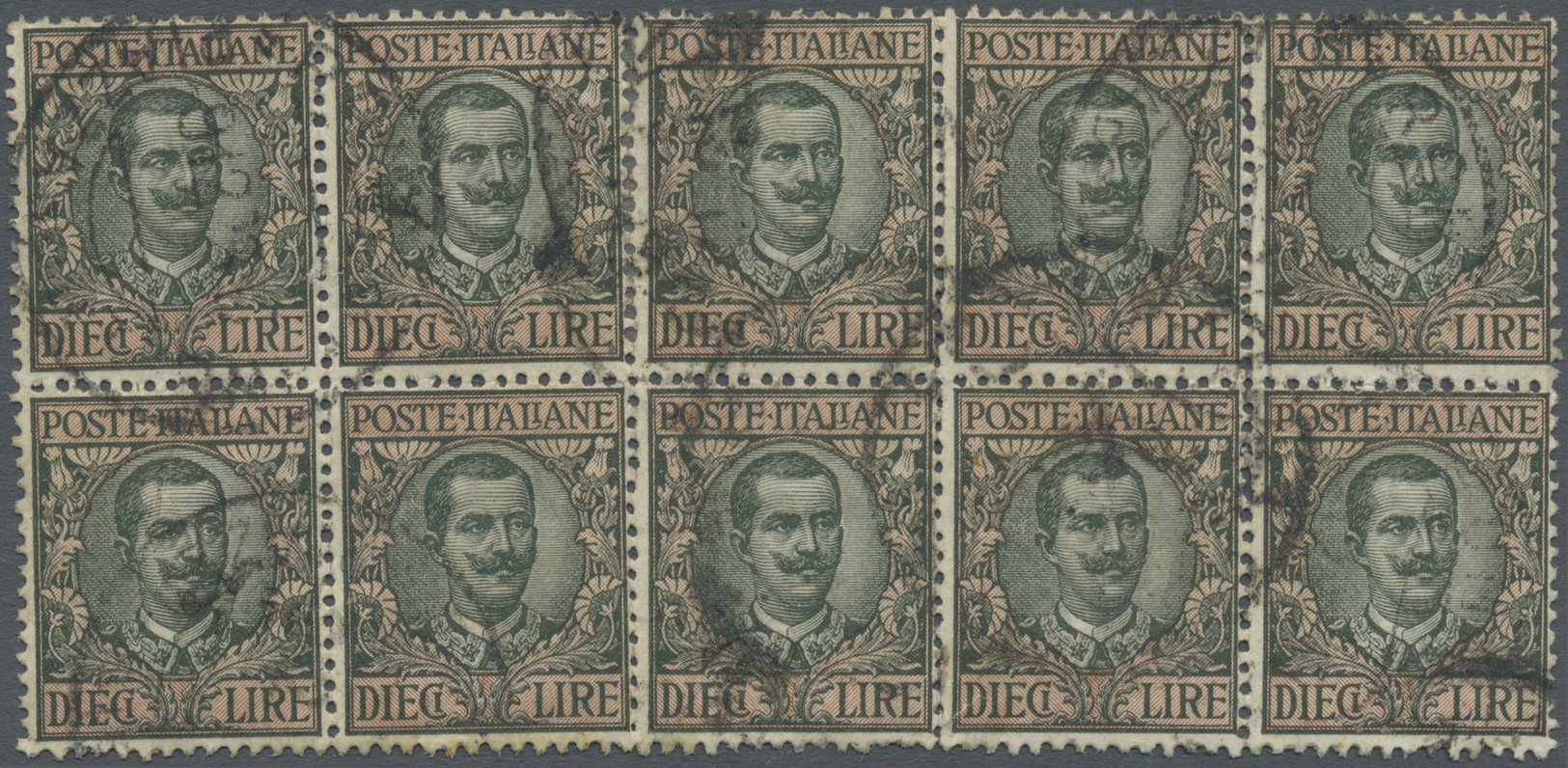 O Italien: 1910, 10 L. Olive Rose Cancellaed Block Of Ten, Few Perfs Apart, Fine And Scarce, Sassone Catalogue V - Marcophilie