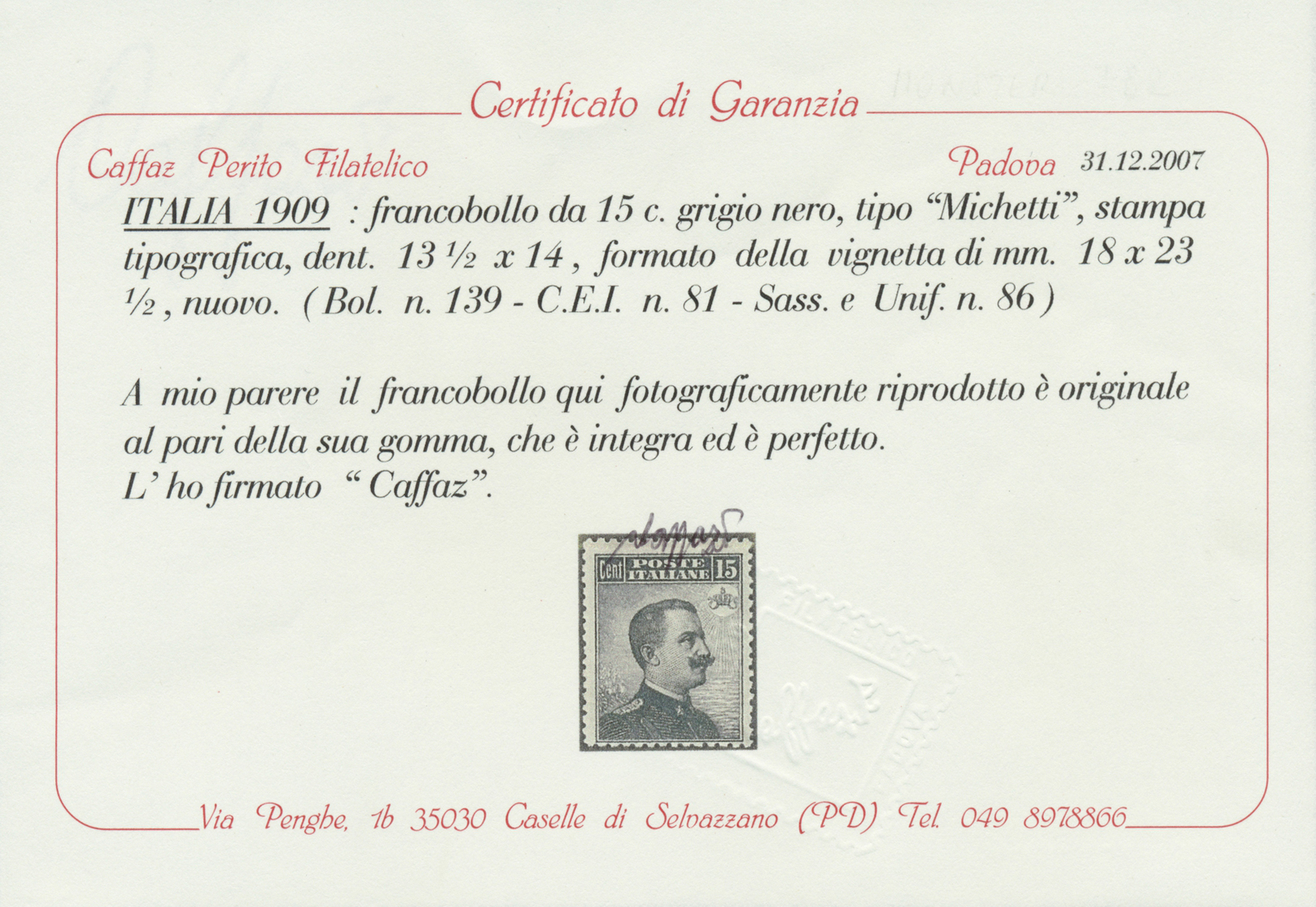 ** Italien: 1909, Viktor Emanuel III 15 C Schwarzschiefer  Gez. 13¼:13 3/4 Mit Zeichnung Kreis Um Krone Am Oberra - Marcophilie
