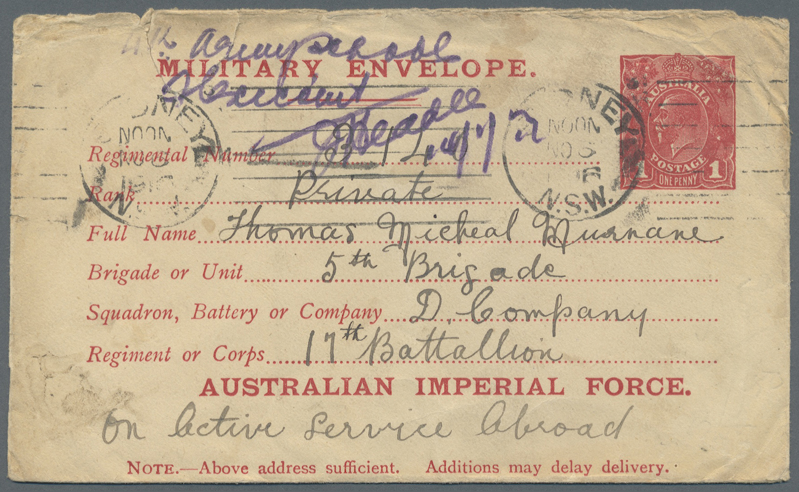 GA Australien - Ganzsachen: 1916. Australian Imperial Force 1d Red Postal Stationery Envelope (transport Marks) Headed ' - Postal Stationery