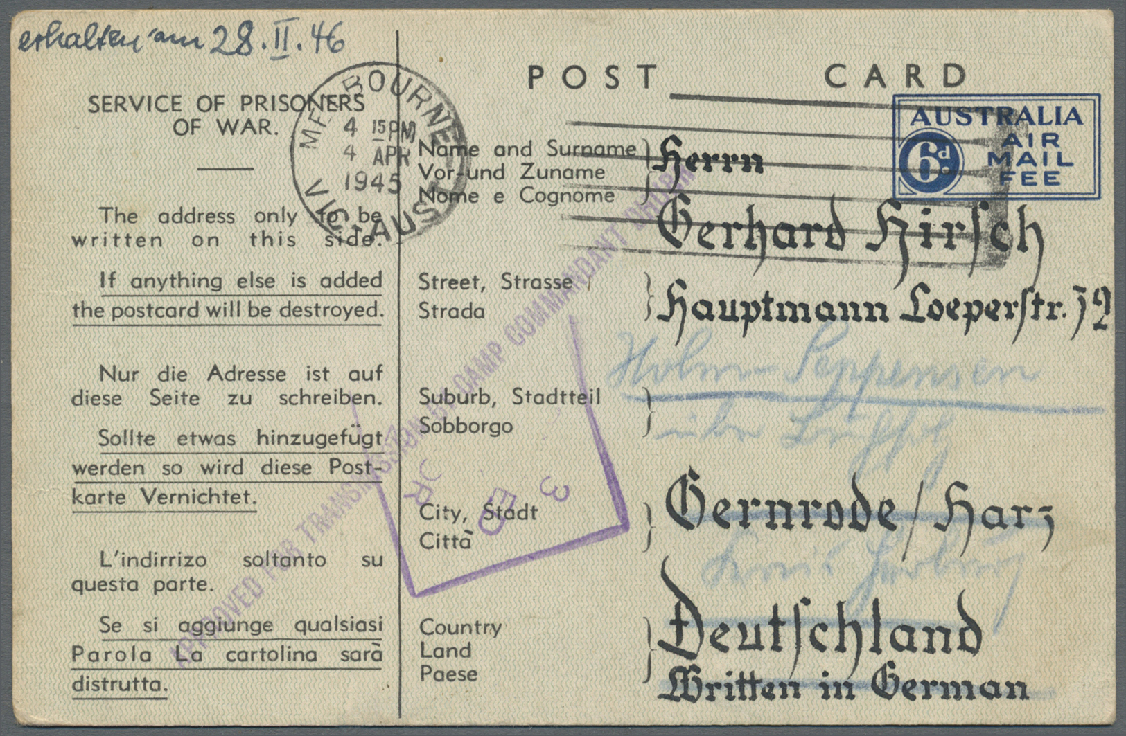 GA Australien - Ganzsachen: 1945 (4.4.), POW Airmail Postcard 6d Blue Used From Melbourne (P.O.W. (DHURRINGILE) OFFICER' - Entiers Postaux
