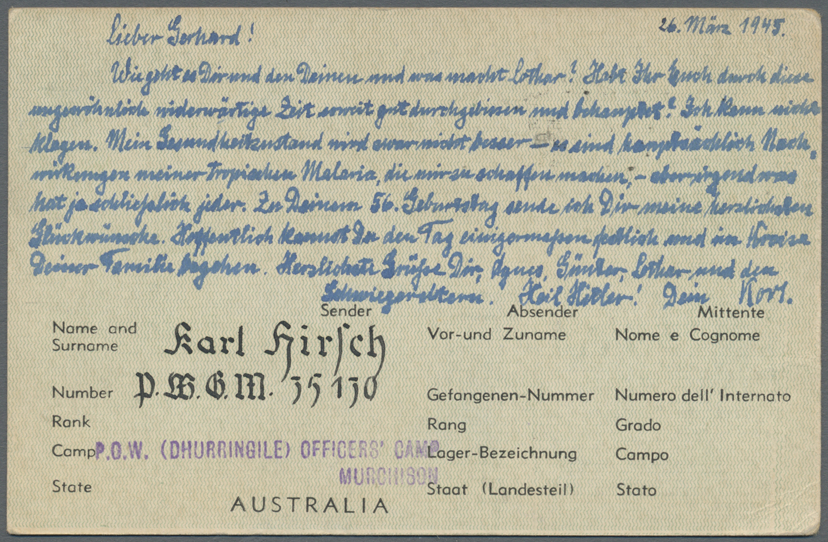 GA Australien - Ganzsachen: 1945 (4.4.), POW Airmail Postcard 6d Blue Used From Melbourne (P.O.W. (DHURRINGILE) OFFICER' - Entiers Postaux