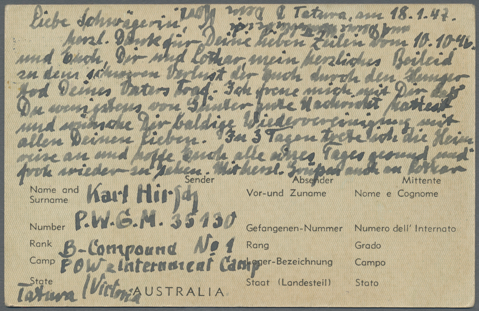 GA Australien - Ganzsachen: 1947 (21.1.), POW Airmail Postcard 6d Blue Used From Melbourne (B-Compound No.1 Tatura) To P - Postal Stationery