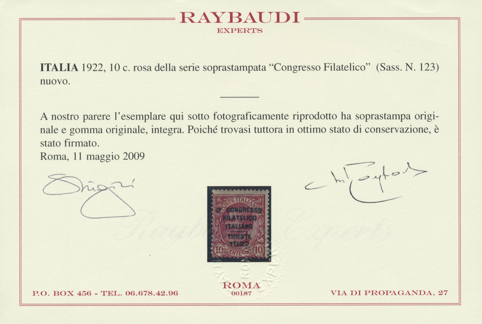 ** Italien: 1922, Philatelic Congress, 10c. Rose Unmounted Mint, Slightly Toned Perf, Signed And Certificate Rayb - Marcophilia