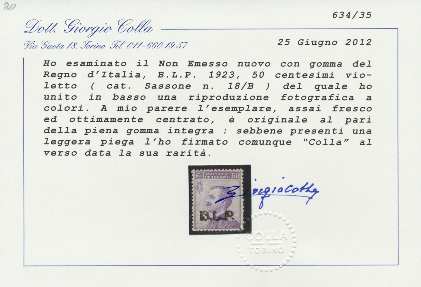 ** Italien: 1923, "B.L.P." Black Overprint On 40 C. Violet Unissued Value, Mint Never Hinged And Very Well Center - Marcophilie