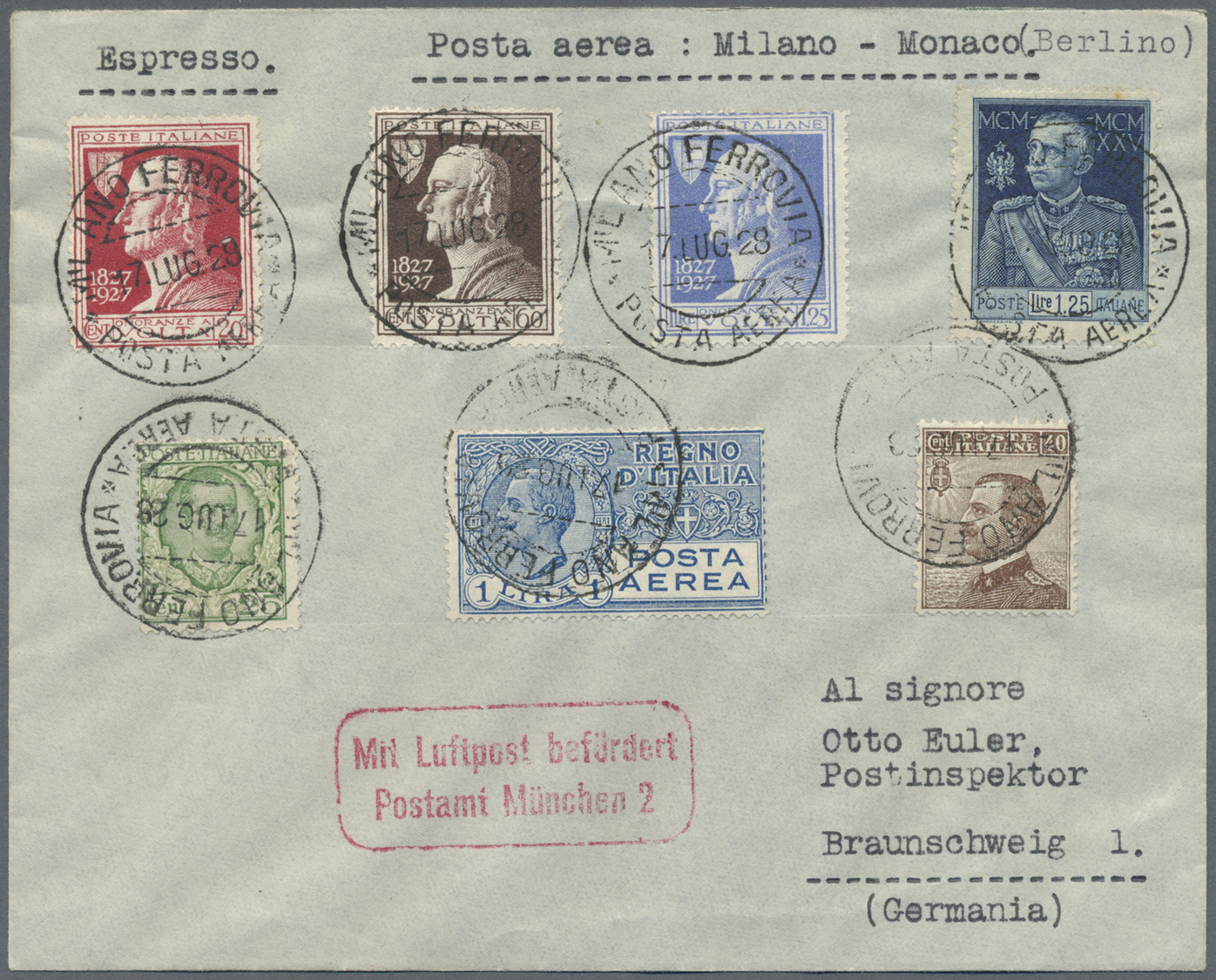 Br/ Italien: 1929, Nicely Franked Airmail Letter From MILANO Via Munich With Red Airmail Mark "Mit Luftpost Beförd - Marcophilia