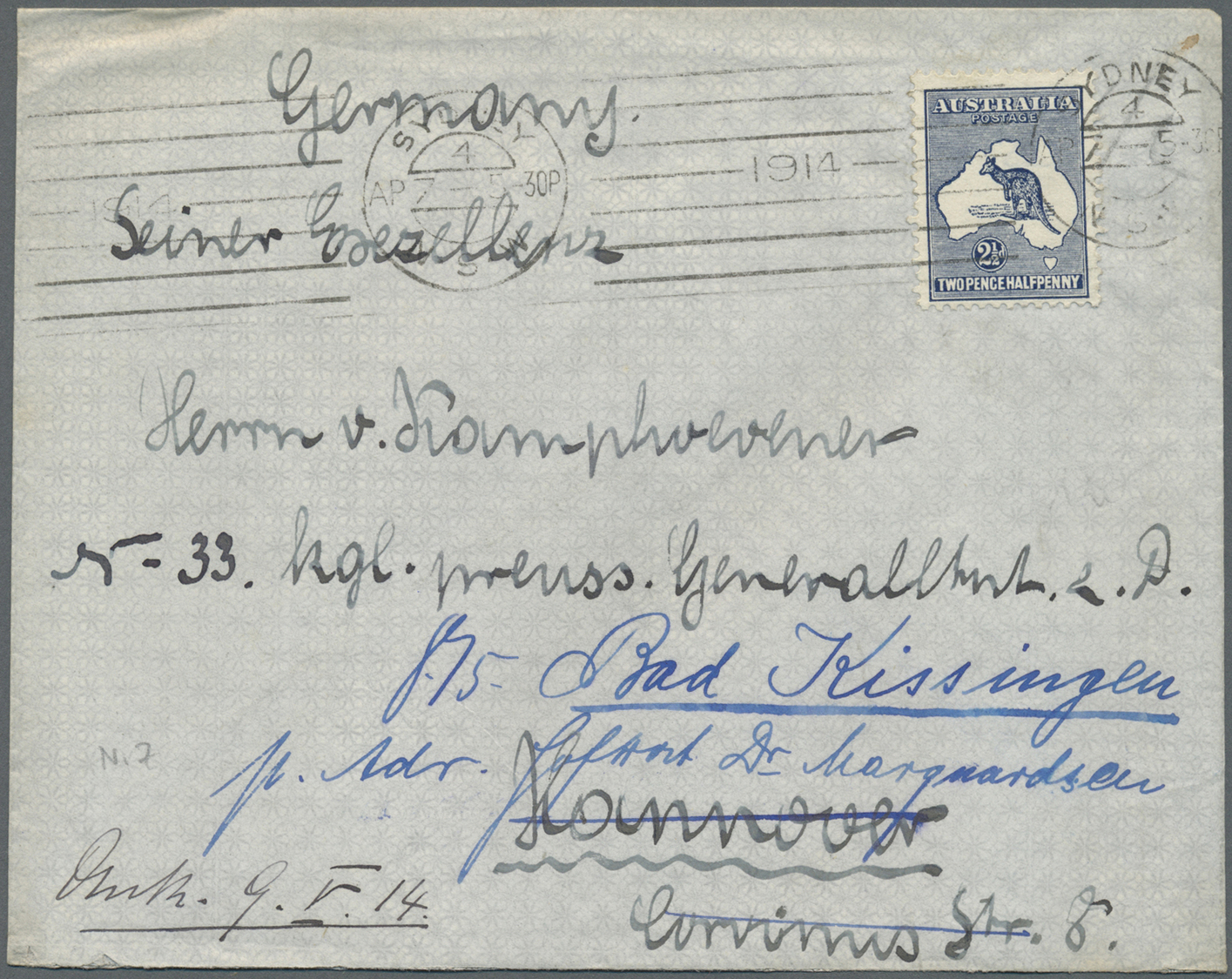 Br Australien - Stempel: SYDNEY 1914: Two Envelopes Bearing Kangaroo 2½ D. With Different Meter-cancels Sydney 4 And 5 S - Postmark Collection